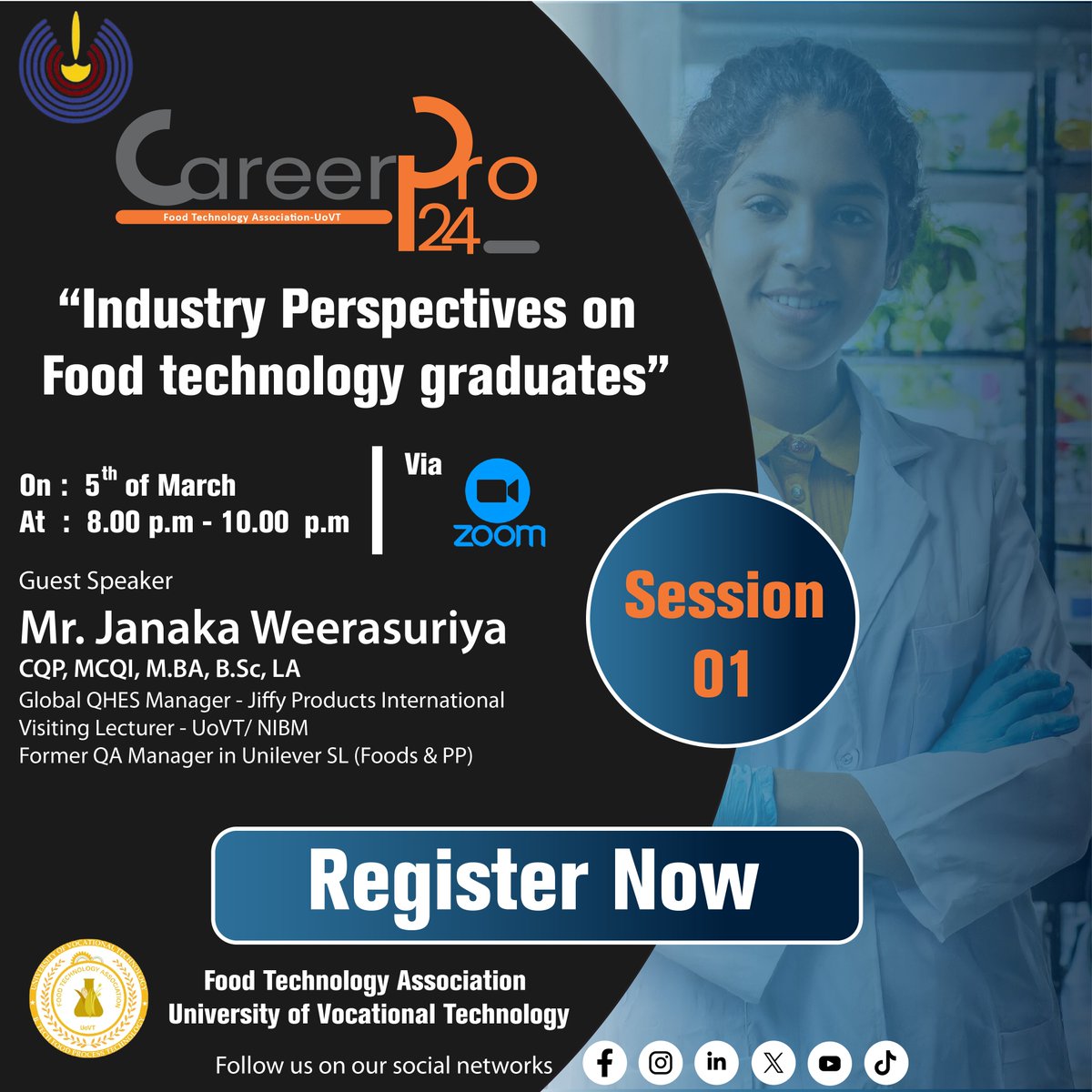 FoodTechUoVT's tweet photo. Your are welcome to join the first session of  "CareerPro 24"

Date :  5th  March 2024
Time : 8.00 PM - 10.00 PM , Via Zoom
Session title on "Industry perspectives on food technology graduates"

To register, please click on the following link 👇 :
 https://t.co/BqxjjDIzmr https://t.co/30d1M9tbaf