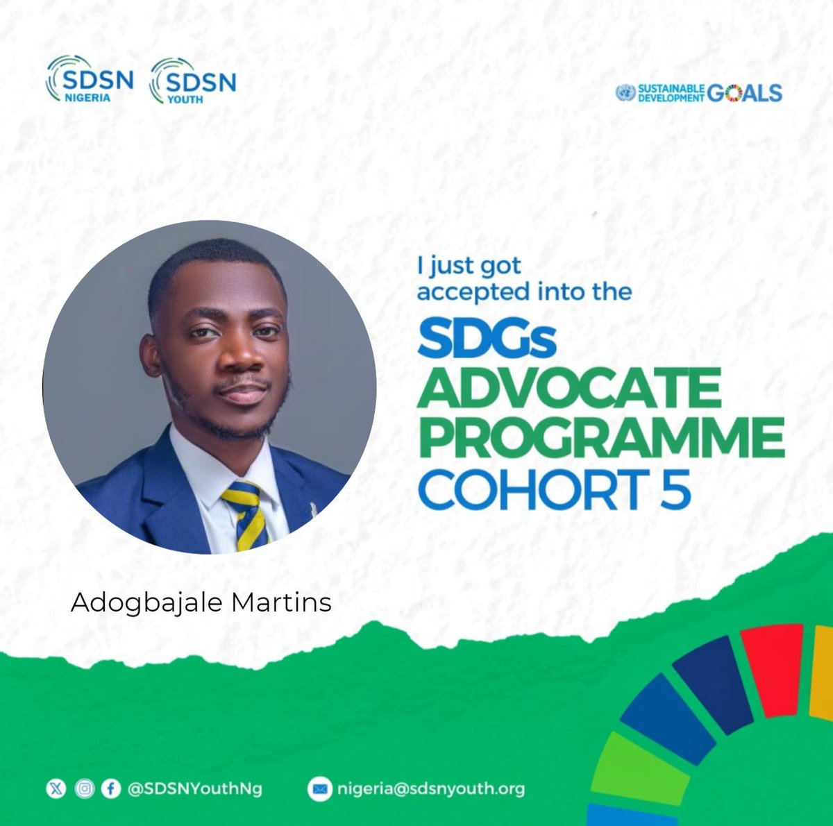 I am thrilled to announce that I have been selected for the 5th cohort of the SDGs Advocate Programme! Ready to be equipped with knowledge and necessary skills for effectively responding to the challenges of this century.

Thank you @SDSNYouthNG for this opportunity
#SDGsAdvocate
