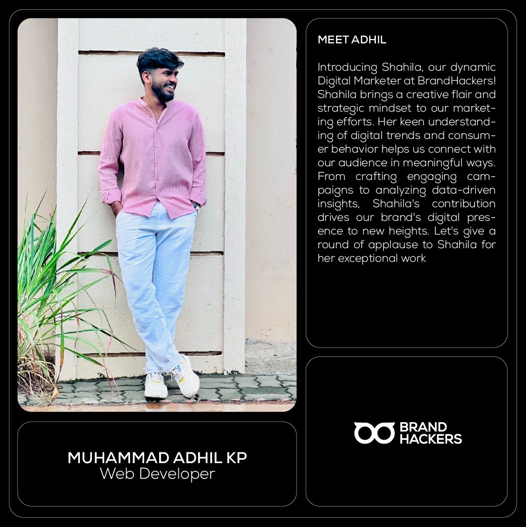 brandhackers's tweet image. We hacked @adhil to Brandhouse as the secret ingredient of the recipe for web development at @brandhackers
•
#webdeveloperintern #webdevelopment #newmember #welcomeaboard #learnbydoing
•
Say hello to our new web developer!