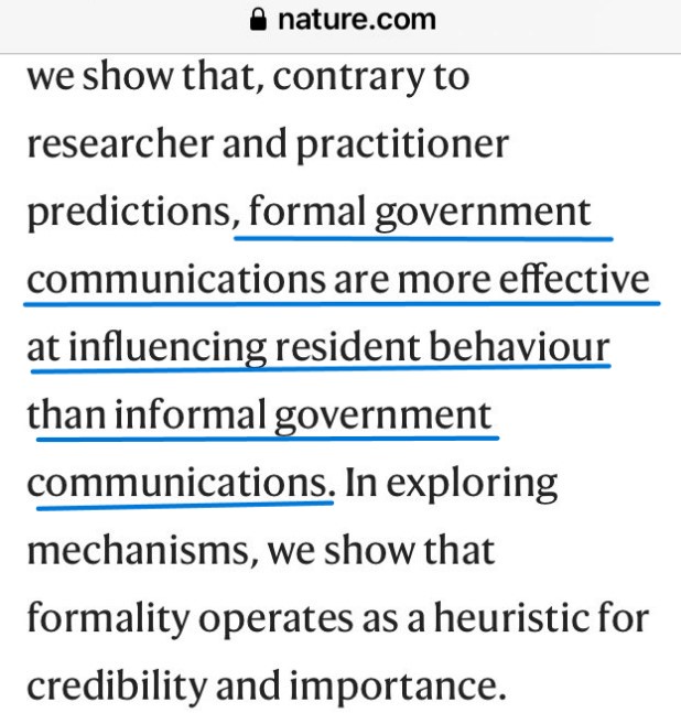 A new excellent paper by a team of Harvard scholars in @NatureHumBehav. Contrary to what everyone thought, they found that formal government letters are more effective than informal ones. So: Times New Roman BEATS Comic Sans They call it ... The formality effect.