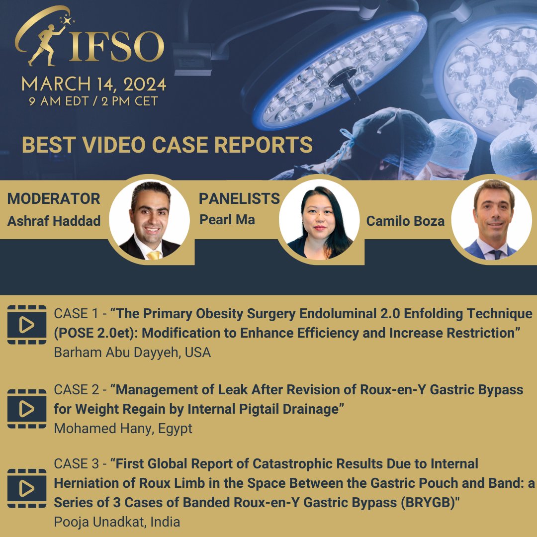SAVE THE DATE! IFSO VCR WEBINAR - MARCH 14 9 am EDT/ 2 PM CET The best video case reports published in Obesity Surgery and presented by the authors REGISTER HERE: us06web.zoom.us/webinar/regist…