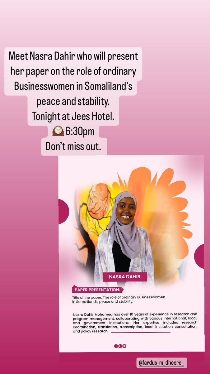 FardusMDheere's tweet image. The role of women in peace talks and negotiations. 

Women play a crucial role at every decision-making table and in all aspects of life.

#Shetalks #SheLeads 
Tonight. 
 🕰️: 6:30pm 
📍 Location: Jees Hotel

@siradinitiative @MariaGaheir @WardaTaajiro @sahrujaaa @Nasra
