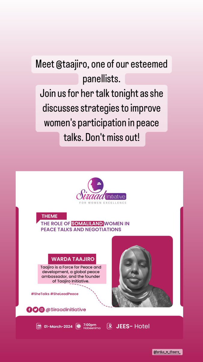 FardusMDheere's tweet image. The role of women in peace talks and negotiations. 

Women play a crucial role at every decision-making table and in all aspects of life.

#Shetalks #SheLeads 
Tonight. 
 🕰️: 6:30pm 
📍 Location: Jees Hotel

@siradinitiative @MariaGaheir @WardaTaajiro @sahrujaaa @Nasra