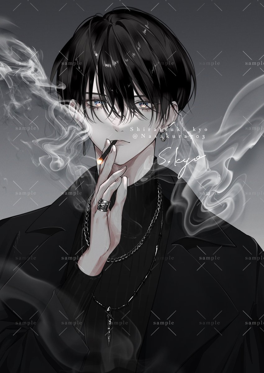 smoke cigarette 1boy jewelry male focus smoking solo  illustration images