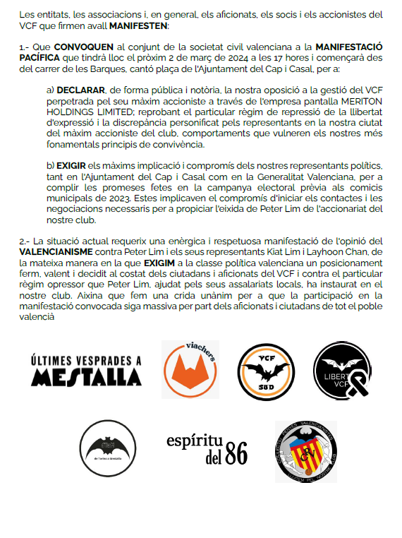 La situación actual requiere una enérgica y, al mismo tiempo, respetuosa exteriorización de la unánime opinión del VALENCIANISMO en contra de Peter Lim y sus representantes Kiat Lim y Layhoon Chan, en la misma medida en la que EXIGIMOS a la clase política valenciana un