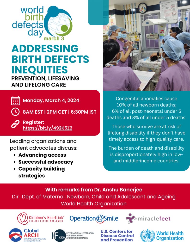 ⭐️ Today is #WorldBirthDefects Day! ⭐️ The @ifsbh, @WHO, @CDCgov, @OperationSmile, @globalarchorg, @MiracleFeet and @CHeartLink invite you to a @worldbdday Webinar tomorrow, March 4, 2024. Registration (required): bit.ly/492K5Z2 #WorldBDDay #WBDD #ManyBirthDefects1Voice