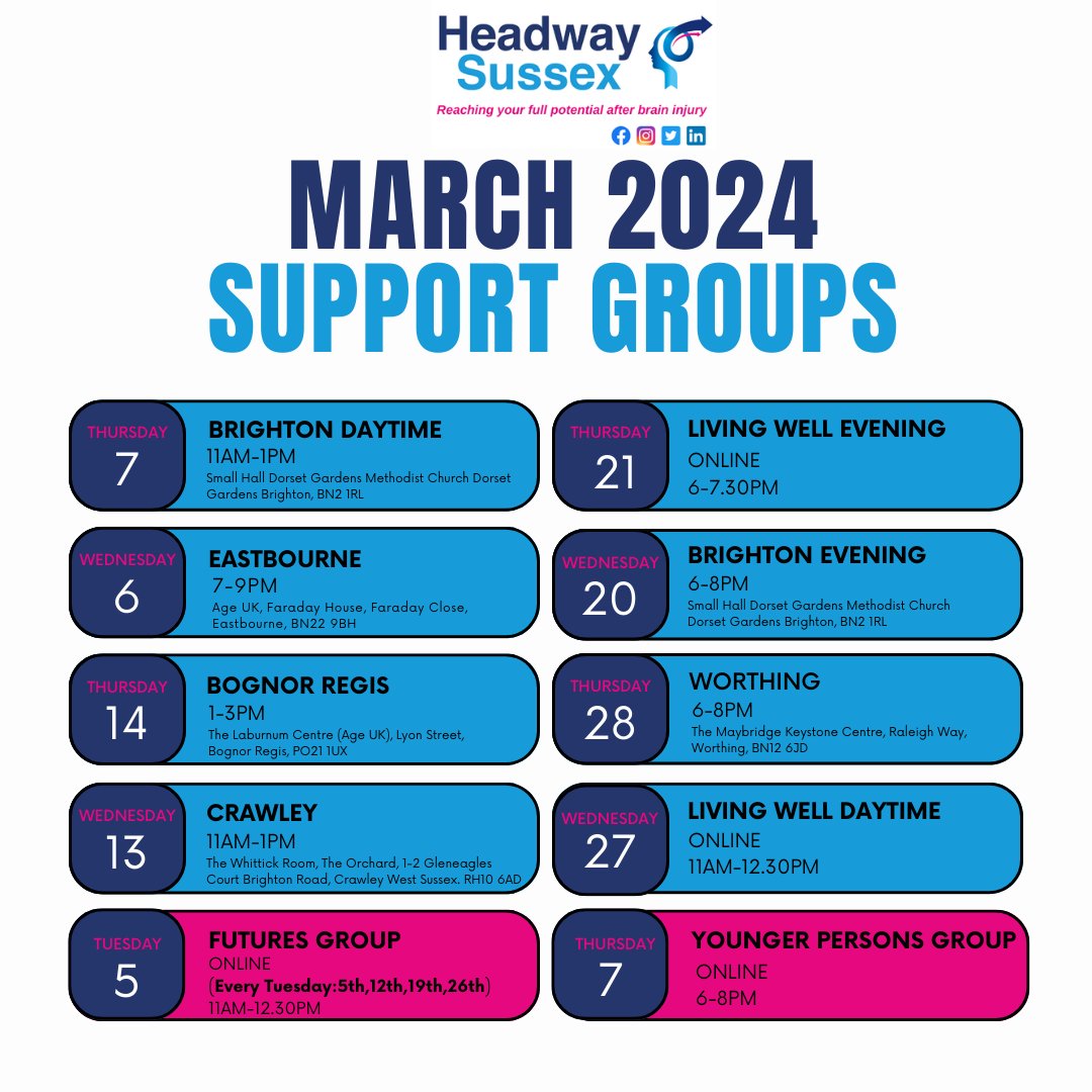 🌟 Join us for our upcoming Support Groups in March 2024! 🤝

We're here to provide a caring and supportive community for everyone.
Save the dates and spread the word! 🗓️✨

#HeadwaySussex #SupportGroups  #March2024 #TogetherStronger #BrainInjury #BrainInjurySupport