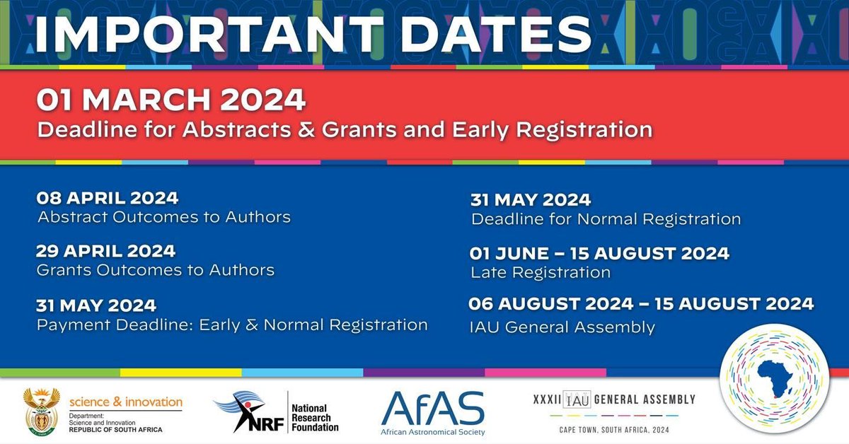 IAU_org's tweet photo. IAU General Assembly 2024 Abstracts and Grants Deadline is TODAY. Early bird registration deadline is TODAY. The exact time of the deadline is midnight UTC-12.

https://t.co/xiCQIrB62u https://t.co/mBWn7YWpxu