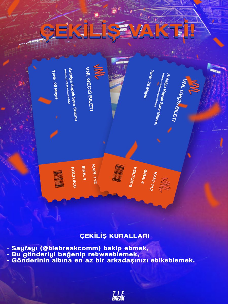 🎟️ ÇEKİLİŞ VAKTİ!

VNL biletleri satışa çıktı ve biz de Tie Break olarak 2 takipçimizin Filenin Efeleri'ni izlemesine yardımcı olmaya karar verdik.

Dün yaptığımız ankette takipçilerimizin de yardımıyla hedef maç olarak ABD maçını belirledik ve 26 Mayıs'ta oynanacak tüm maçlarda