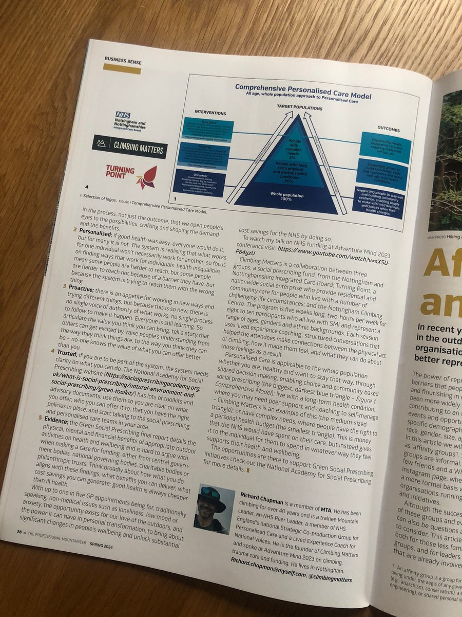 Very proud to be published in The Professional Mountaineer - cover story & a three page article, discussing the benefits, approaches & challenges of #greensocialprescribing - thank you @MtnTraining @TurningPointUK @NottinghamCVS @nottinghamclimb @NVTweeting @Pers_Care @Notts_ICS