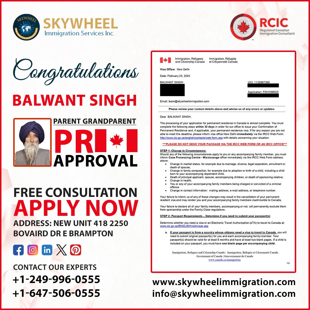 Congratulations to our satisfied client for (Parent Grandparent PR Approval)
.
Contact Us
+1249-996-0555
+1-647-506-0555
skywheelimmigration.com
info@skywheelimmigration.com
.
.
#skywheelimmigration #prapproval #familyimmigration #parentgrandparentpr #immigrationsuccess #travel