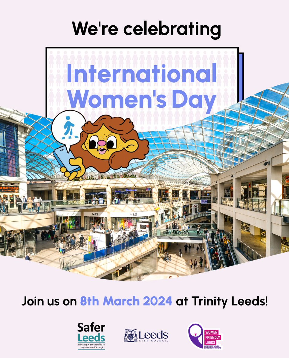 This Friday 8th March, @womenfriendlyls & @SaferLeeds are celebrating #InternationalWomensDay at @TrinityLeeds!🎈 The teams will be there to answer questions around safety initiatives and support available for women and girls in Leeds. Find them on the 1st floor by Fraser Hart!