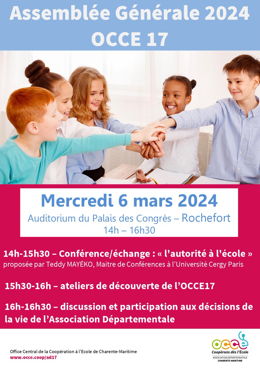 occe17000's tweet photo. J-5 pour l'AG et la conférence offerte par l'OCCE17. 
Venez discuter sur "l'autorité à l'école" dès 14h ce mercredi 6 mars, à Rochefort. 

@OCCE_FD @acpoitiers @DSDEN17 #conference #autoritealecole https://t.co/WikNZqnHJF