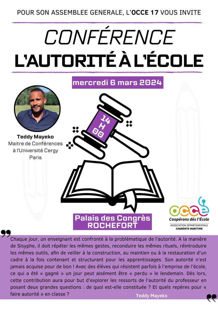 occe17000's tweet photo. J-5 pour l'AG et la conférence offerte par l'OCCE17. 
Venez discuter sur "l'autorité à l'école" dès 14h ce mercredi 6 mars, à Rochefort. 

@OCCE_FD @acpoitiers @DSDEN17 #conference #autoritealecole https://t.co/WikNZqnHJF
