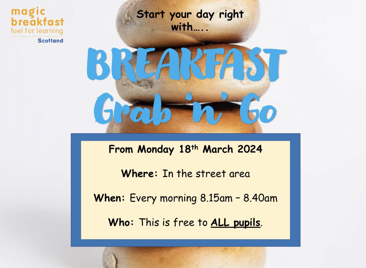 In partnership with Magic Breakfast our morning Grab 'n' Go offering of breakfast items, will begin on Monday 18th March 2024. Free Breakfast to ALL pupils in the street area from 8.15am everyday. Please encourage your son/daughter to attend. #NoChildTooHungryToLearn