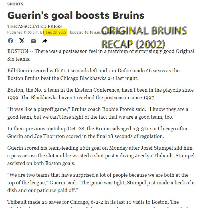 I noticed this kind of garbage part in 'The Dynasty.' They took a 2009 Bleacher Report blog and tried to make it look like a real newspaper column. I found the original use of the real newspaper (Jan. 2002 Bruins AP recap above it). Why create fake media in a documentary?