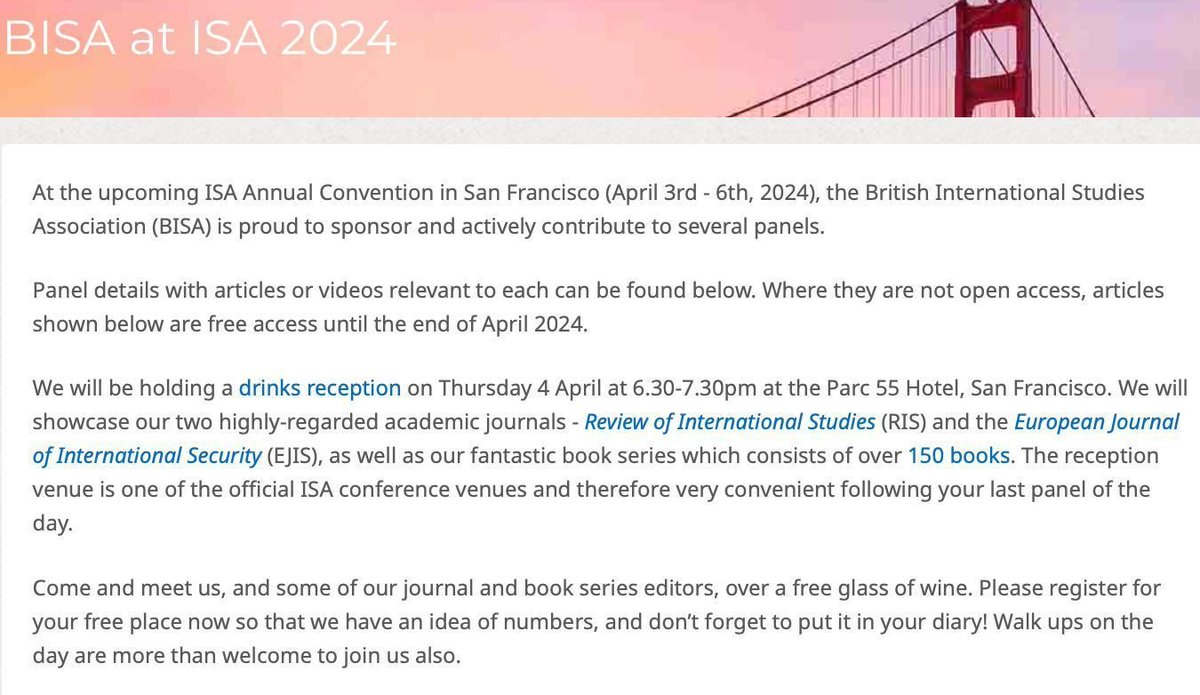 Will you be at #ISA2024? So will we! 🎉 Join EJIS and our sister journal @risjnl in San Francisco this April 🥂🌉 We'll be sponsoring several panels and hosting a drinks reception - come and meet the BISA editors! 👋 Read more: buff.ly/3T09WKf #BISAISA24 #EJIS @MYBISA