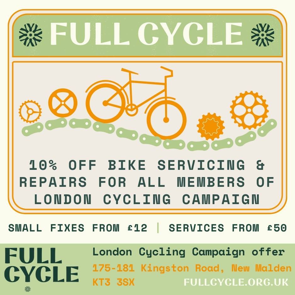 Best of all, everyone's a winner when you get your bike fixed with Full Cycle. Enjoy extra community karma points on top of your 10% LCC discount knowing our profits are invested into cycle-related initiatives across Kingston. 💚#GreenerKingston #NewMalden #Norbiton #ActiveTravel
