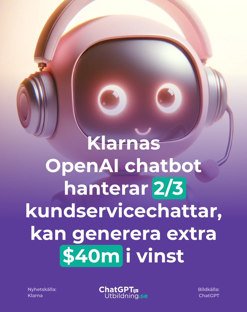 AI nyheter: 🤖💬
Klarna presenterar sin AI-assistent byggd på OpenAI-teknik. Assistenten har nu funnits tillgänglig för kunderna i en månad, och resultaten talar sitt tydliga språk, en succé! Läs mer på Klarnas hemsida, pressmeddelanden.

#chatgpt #ai #aisupport #aikundservice