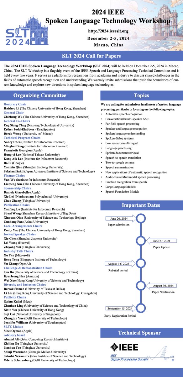 IEEE Spoken Language Technology Workshop (SLT 2024) will be held in Macao later this year, China in Dec 2-5. Get your paper ready :) we are looking forward to seeing you in Macao!