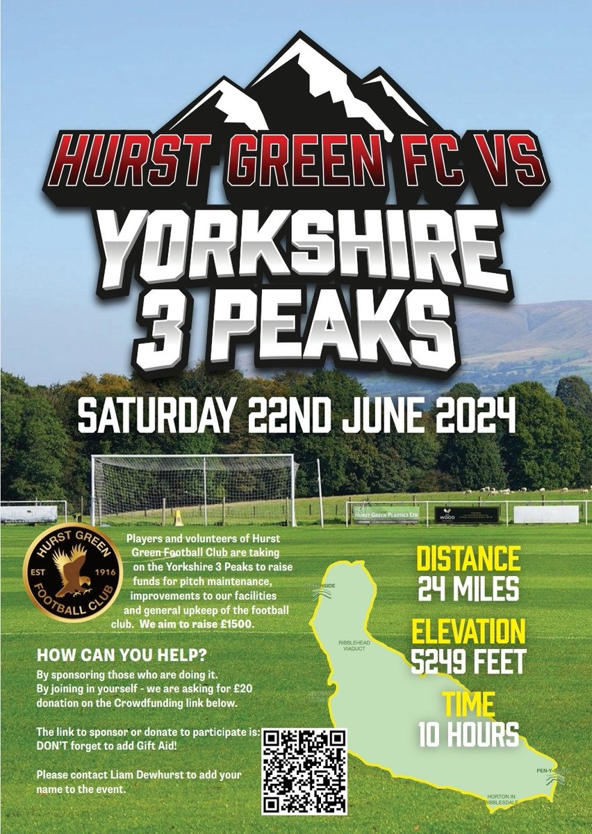 ‼️ HURST GREEN FC V YORKSHIRE 3 PEAKS 🏔⛰️🗻

📅 Saturday 22nd June 2024 players and volunteers from Hurst Green will take on the Y3P to raise money for the continuation of the club.

💰 Please read the details and donate using the link crowdfunder.co.uk/p/hgfc-y3p-fun…