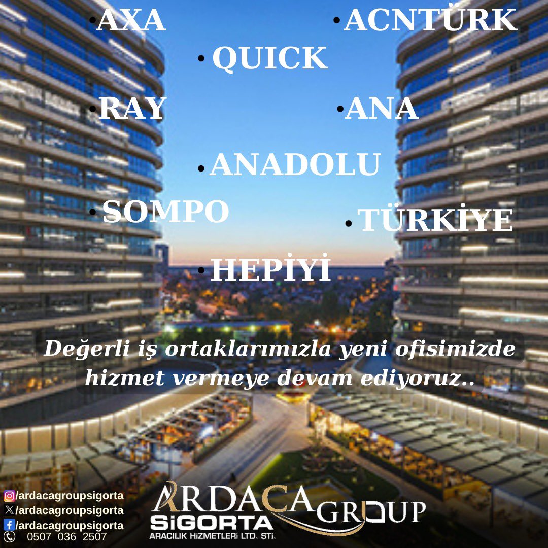 Sigortacılıkta güvenin ve kaliteli hizmetin adresi olan Ardaca Group Sigorta olarak Ankara Çankaya'da bulunan Maidan İş ve Yaşam Merkezi'ndeki yeni ofisimizde hizmet vermeye devam ediyoruz. Tüm iş ortaklarımız ve sigortalılarımızı ziyaretimize bekleriz.