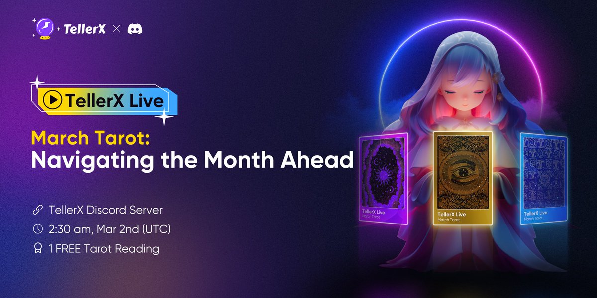 🥳 Get ready for a mystical March with #TellerX Live! 🔮

Unveil your #March #fortune with #Tarot master Helder @weeklytarot on ⏰ Mar 2nd at 2:30 am (UTC).

👀 Secure your spot on the TellerX Discord Server now: discord.gg/zYVxtQRjRV

🙌 Embark on this enchanting #fortune