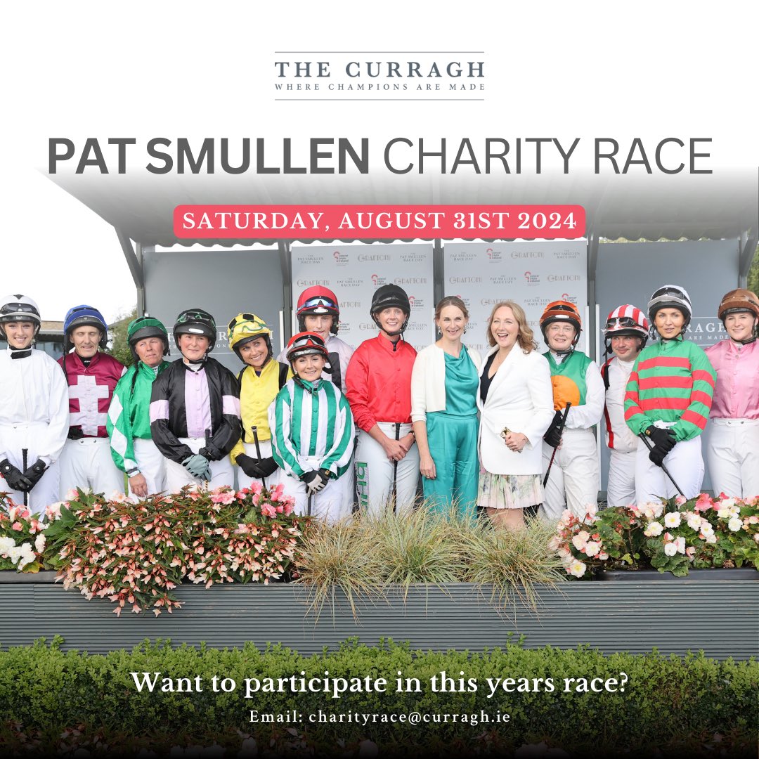 Mark your calendars for The Pat Smullen @cancertrials_ie charity race taking place on Saturday, August 31st! 💜 Riders eager to take part are invited to showcase their interest by emailing charityrace@curragh.ie 👏