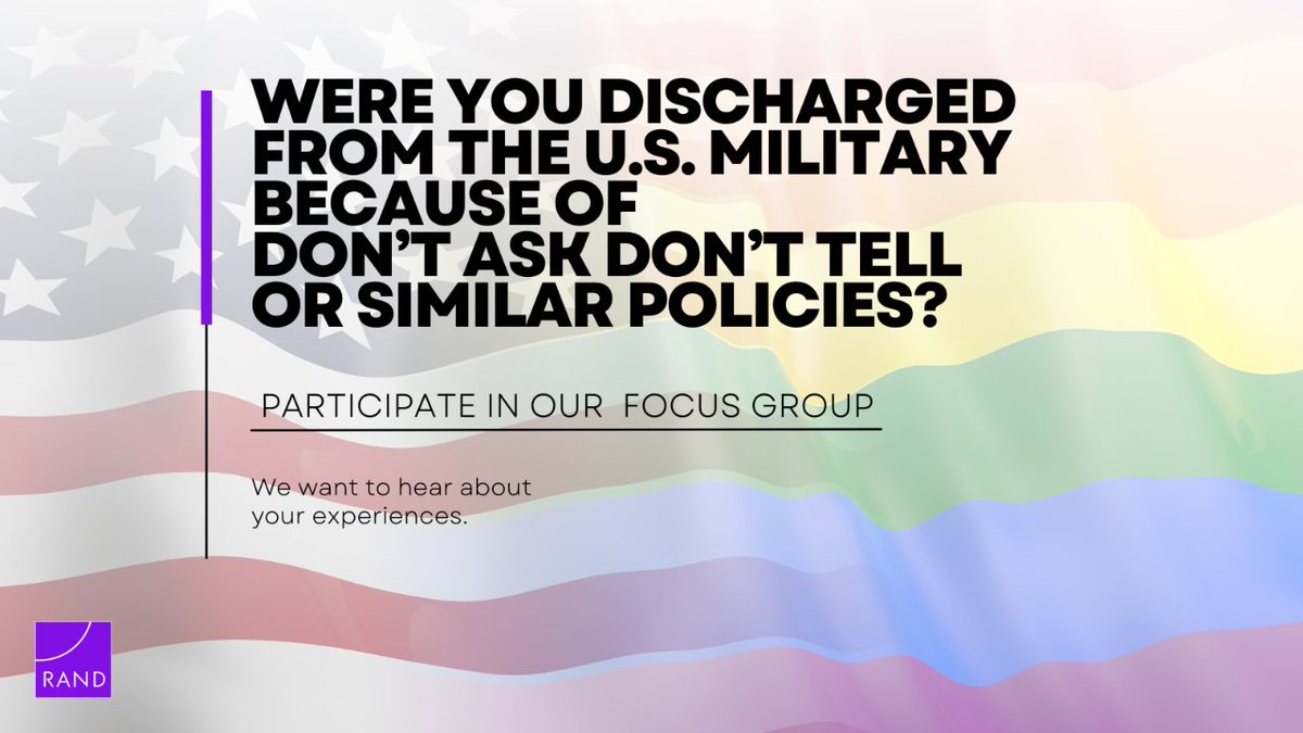 The non-profit RAND Corporation is conducting online focus groups with prior service members discharged under Don’t Ask, Don’t Tell or similar policies to try to improve the Review Board process for correcting military records.  Learn more and register: respond.rand.org/wix/2/p8683273…