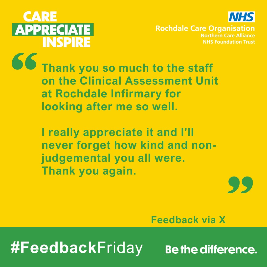 👏 This week, some lovely #FeedbackFriday appreciation for our Clinical Assessment Unit colleagues at Rochdale Infirmary!

Thank you for your dedication to delivering a positive #PatientExperience.
