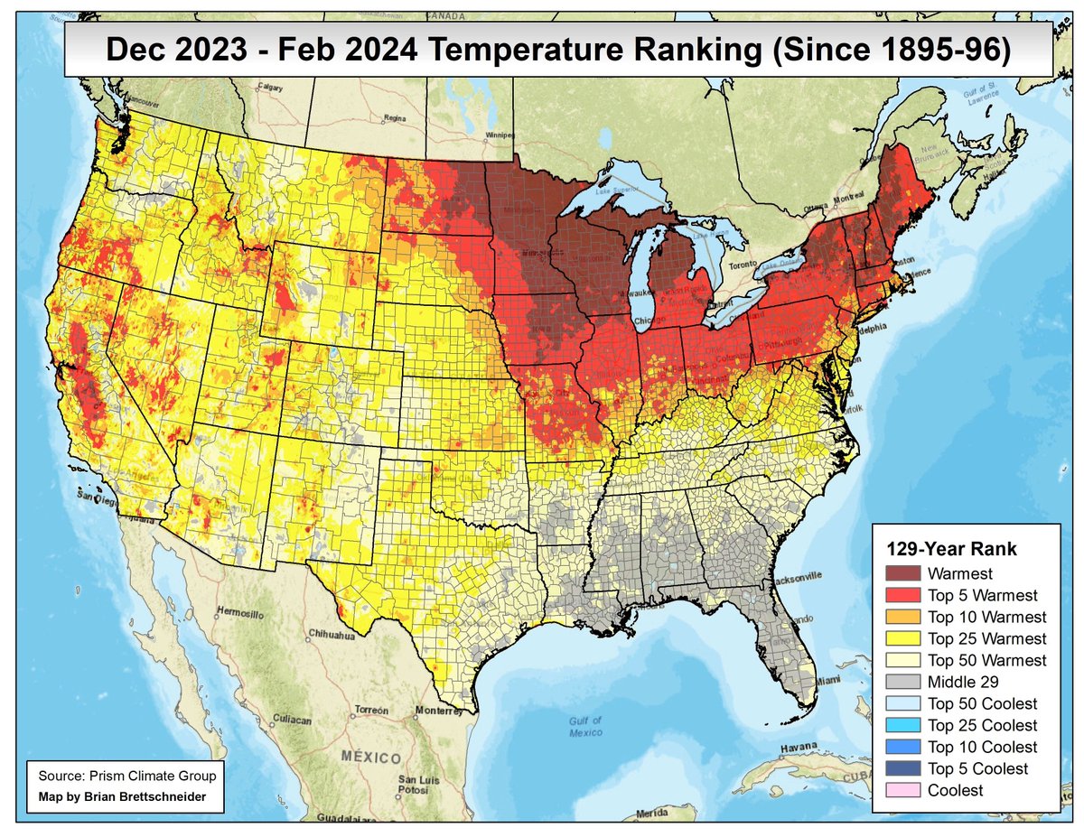 Winter 2023-24 was easily the warmest on record for the Contiguous U.S. according to Prism climate data - a full 0.75F warmer than the second place winter (2015-16). Areas in dark red had their warmest winter on record (since 1895-96). Places in regular red had a top 5 warmest.