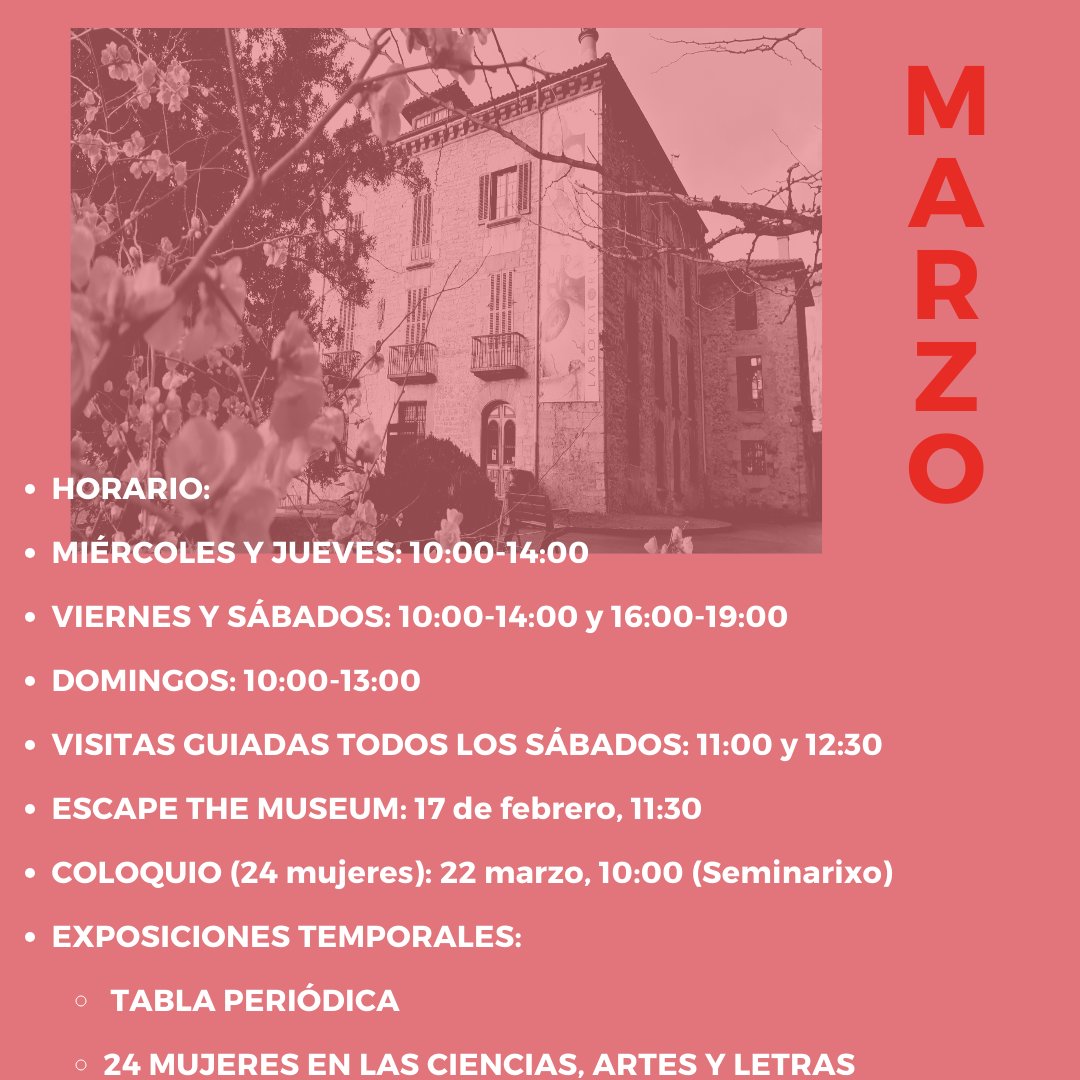 Martxoa Laboratorium museoan: ⚛️Taula Periodikoa: Unibertsoa osatzen duten elementoak. 🌏24 emakume zientzia, arte eta letretan 🏛️Erakusketa iraunkorra 💀Escape the museum 📍Bisita gidatuak 🗣️Solasaldia ☎️Izena eman: 943769003