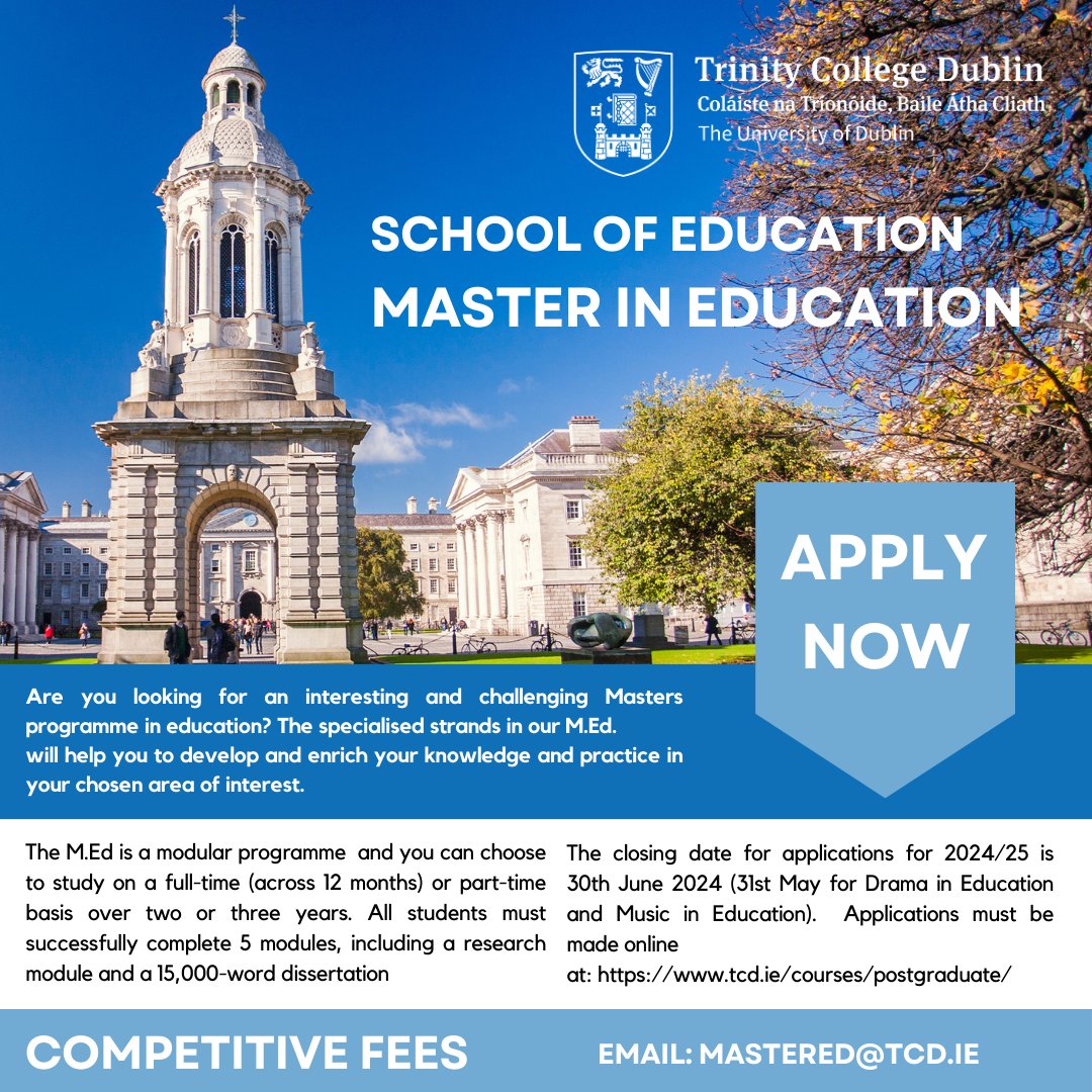 Have you ever considered applying for a Master's Degree in Education Studies? Check out the image below and our website here; tcd.ie/education/cour…