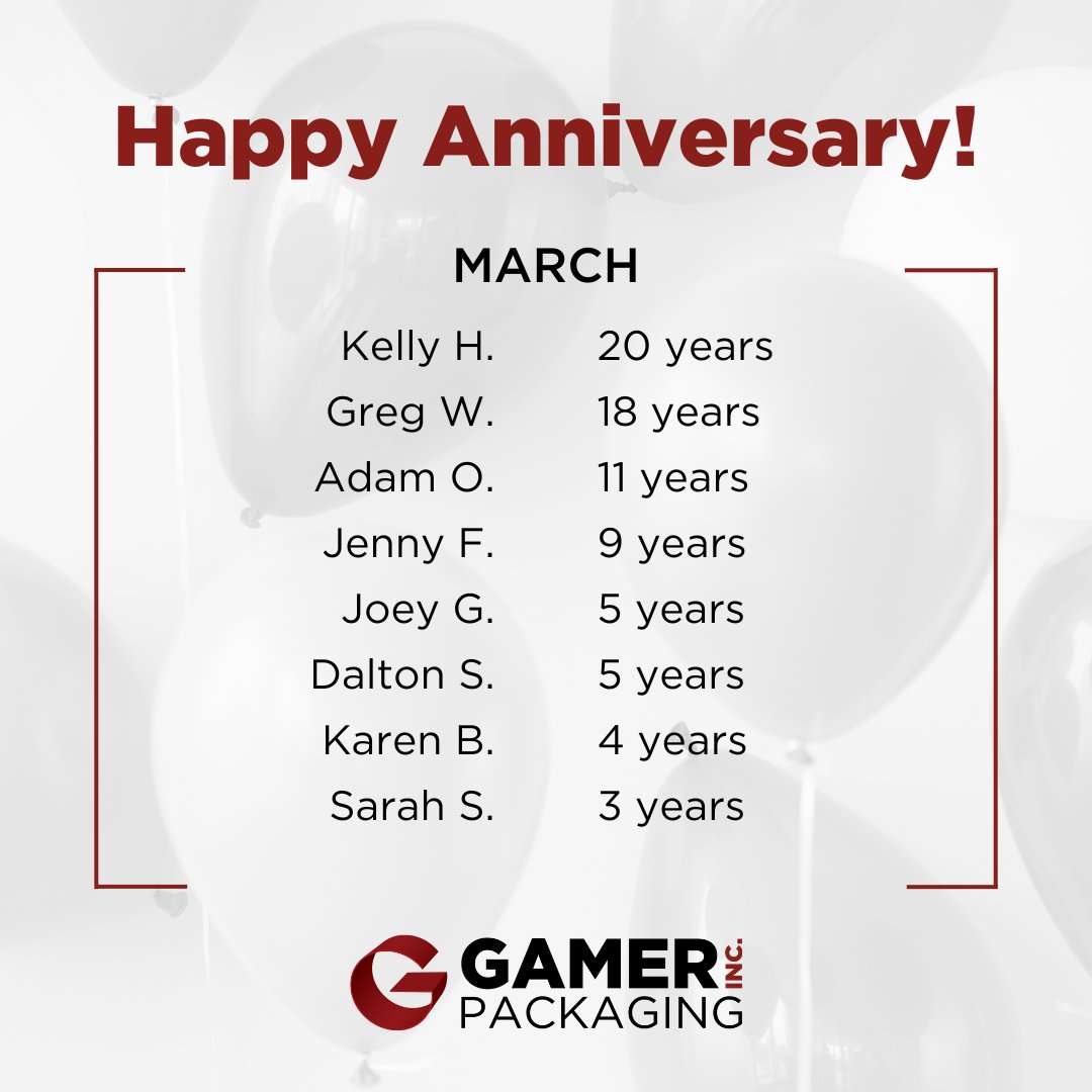 Please join us in congratulating all our team members who have their employee anniversaries this month! Thank you for being an essential part of Gamer Packaging's success! #WhyGamer
