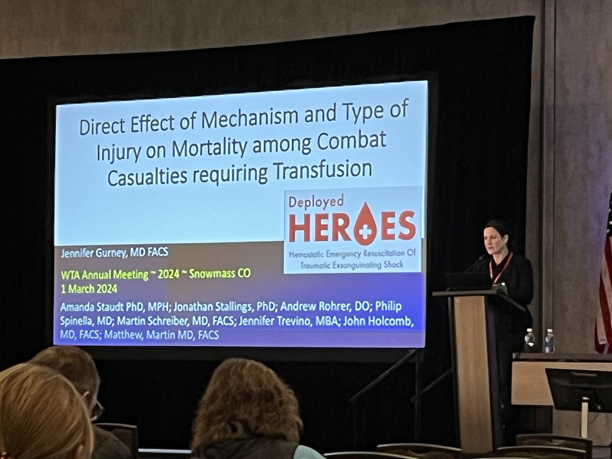 COL Jen Gurney from the @JointTraumaSyst presenting on the mortality differences - highlighting the effect of the addition of blast damage. 

Also - mortality benefit to more plasma - maybe mitigating the endotheliopathy? (Recurrent theme this week)

#wta2024 #fellowshipofthesnow