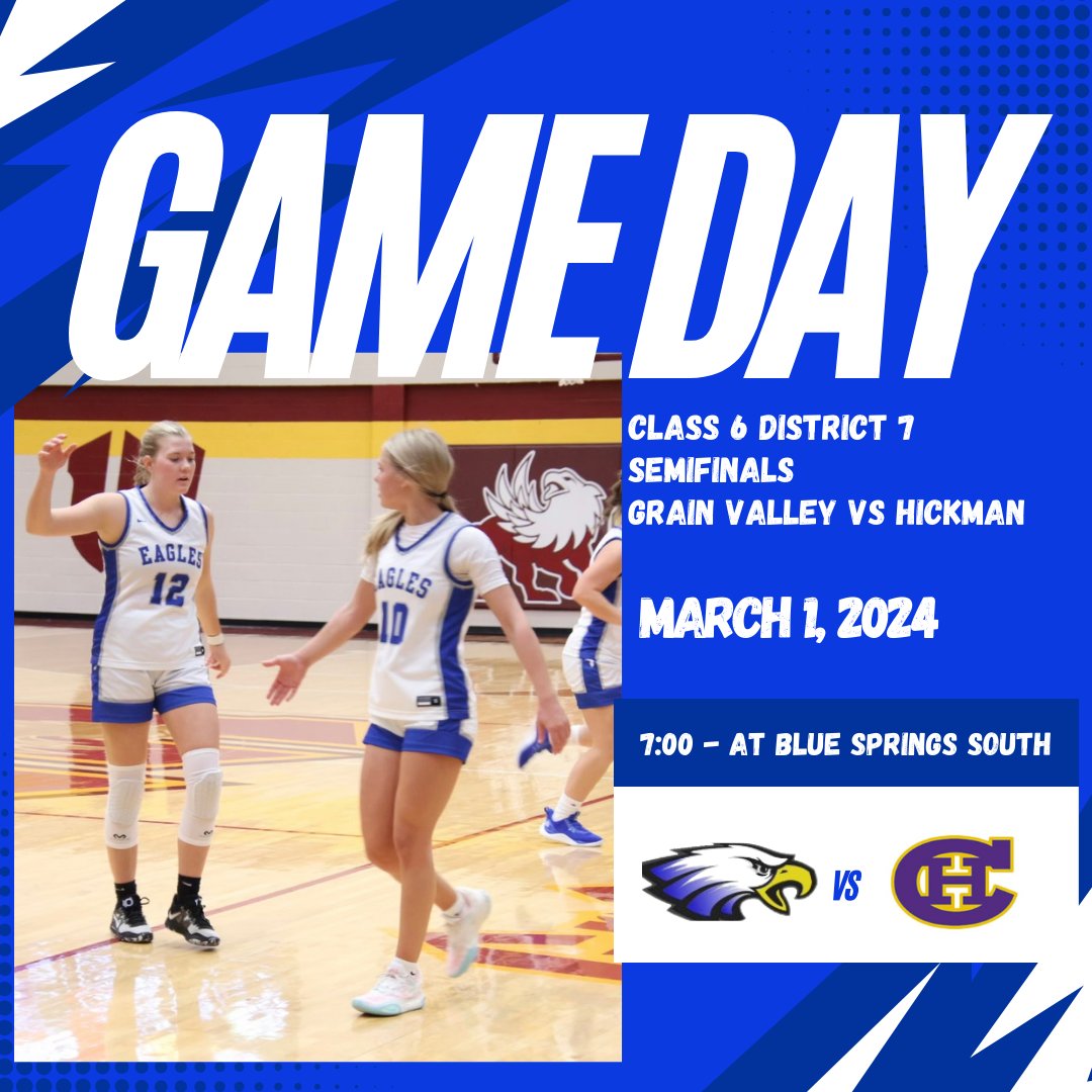 DISTRICT SEMIS TODAY! Lets get loud! 🏀GAME DAY🏀 Grain Valley (18-6) vs Hickman (19-8) ⏰7:00 PM 📍Blue Springs South HS 💻mshsaa.tv/?B=1002305 🎟️mshsaa.org/Tickets.aspx #1-0