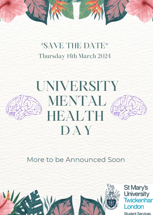 *Save The Date* Thursday 14th March is University Mental Health Day. Student Services and @SportStMarys at @YourStMarys are organising various events & activities for all our Simmies! Details are to be announced soon. #universitymentalhealthday #umhd #wellbeing