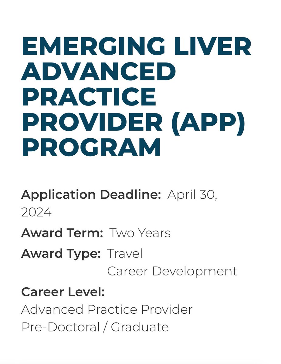 Anthony Derencius (@a_derencius) on Twitter photo 📢2024 <a href="/AASLDFoundation/">AASLD Foundation</a> ELAPP PROGRAM IS NOW OPEN FOR APPLICATIONS🔔
aasldfoundation.org/awards-program…
-Who: APP students (PA/NP) interested in a career in hepatology or those hepatology APP’s early in their career.
-It closes 4/30/2024 so please share with APP colleagues in North America. 📢2024 <a href="/AASLDFoundation/">AASLD Foundation</a> ELAPP PROGRAM IS NOW OPEN FOR APPLICATIONS🔔
aasldfoundation.org/awards-program…
-Who: APP students (PA/NP) interested in a career in hepatology or those hepatology APP’s early in their career.
-It closes 4/30/2024 so please share with APP colleagues in North America.