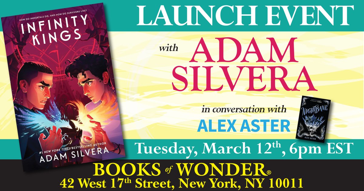 Two Brothers. One Epic Battle. Join us for the YA launch of Infinity Kings by @AdamSilvera, the final chapter in the explosive Infinity Cycle series! Adam will be in conversation with @byalexaster, author of Nightbane. RSVP: eventbrite.com/e/launch-infin…
