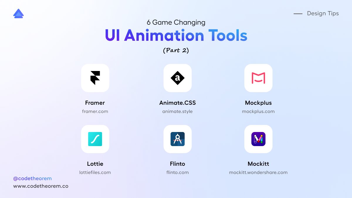 code_theorem's tweet image. Level up your design game with these 6 game-changing UI animation tools! - Transform ordinary designs into extraordinary experiences! ๐กโจ
#UserInterface #DigitalDesign #UITrends #UIAnimation #DesignInspiration #MinimalDesigns #UIUXTools #AnimatedDesign #UIUXSupply #UIDesign