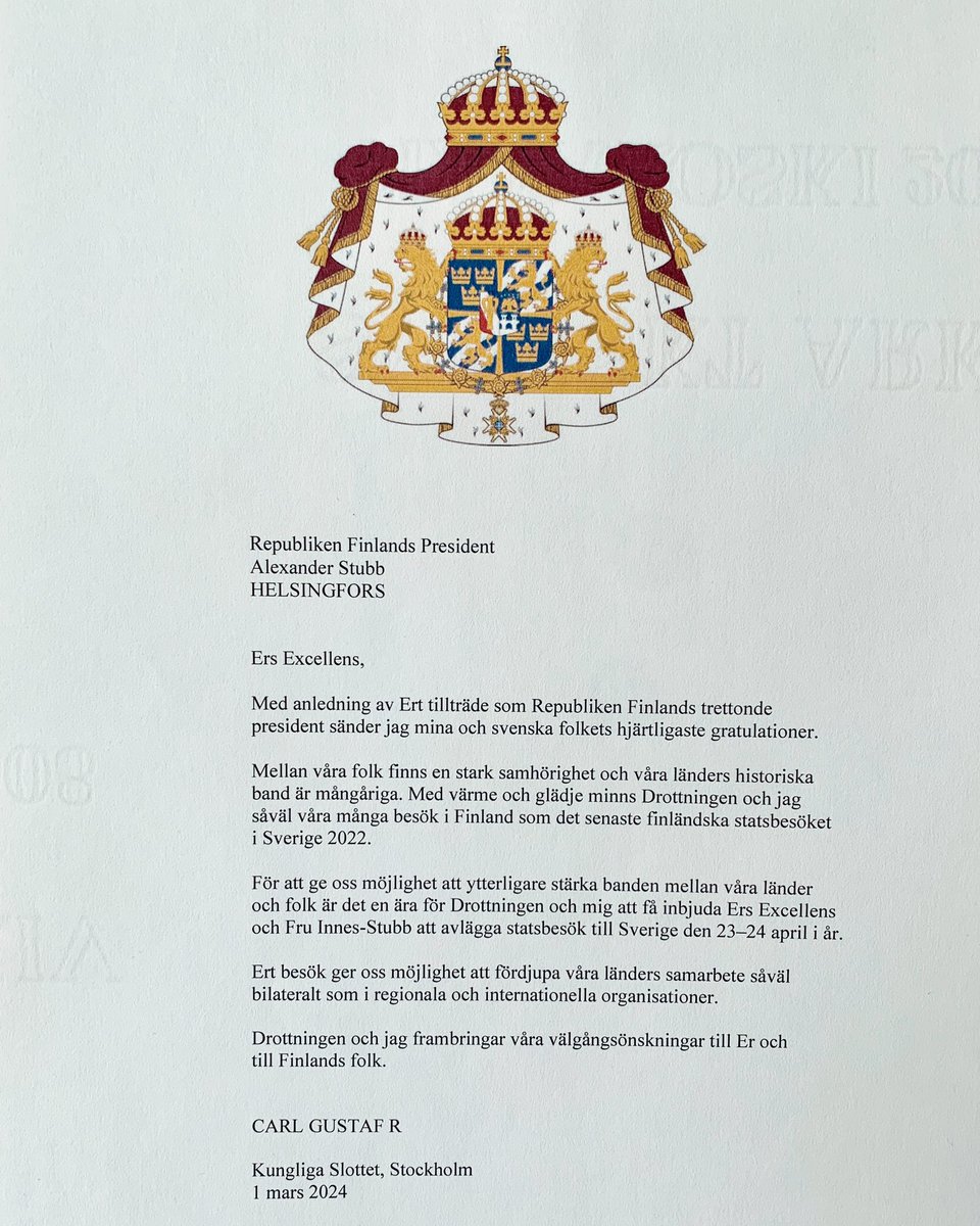 Hänen majesteettinsa kuningas Kaarle XVI Kustaa onnittelee presidentti Alexander Stubbia. H.M. Konung Carl XVI Gustaf gratulerar republikens president Alexander Stubb. 🇸🇪🇫🇮 @TPKanslia