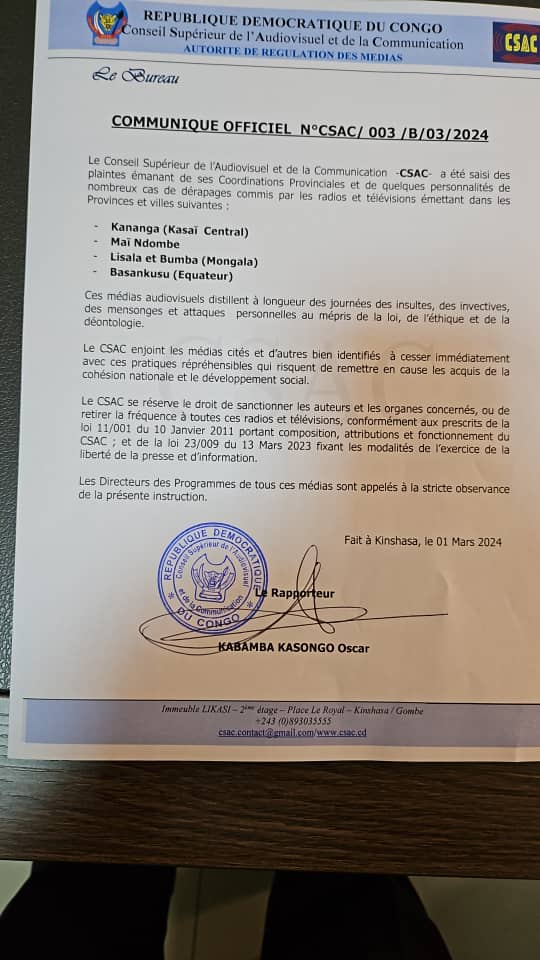 #RDC: Mise en garde contre les médias qui, à longueur des journées, utilisent leurs plateaux et micros pour proférer des insultes, attaques personnelles, invectives, bravant ainsi la loi, l'éthique et la déontologie.