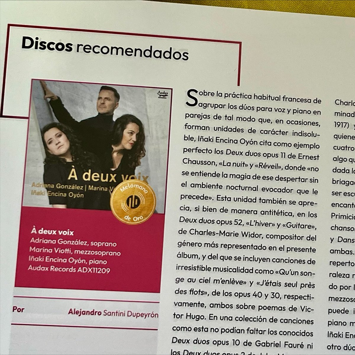 Review: Otra fantástica reseña firmada por #AlejandroSantiniDupeyrón  y "Melómano de Oro" para el disco "À deux voix" con la soprano #AdrianaGonzález, la mezzosoprano #MarinaViotti y el pianista #IñakiEncinaOyón en el número de marzo de la revista MELÓMANO

Congrats!