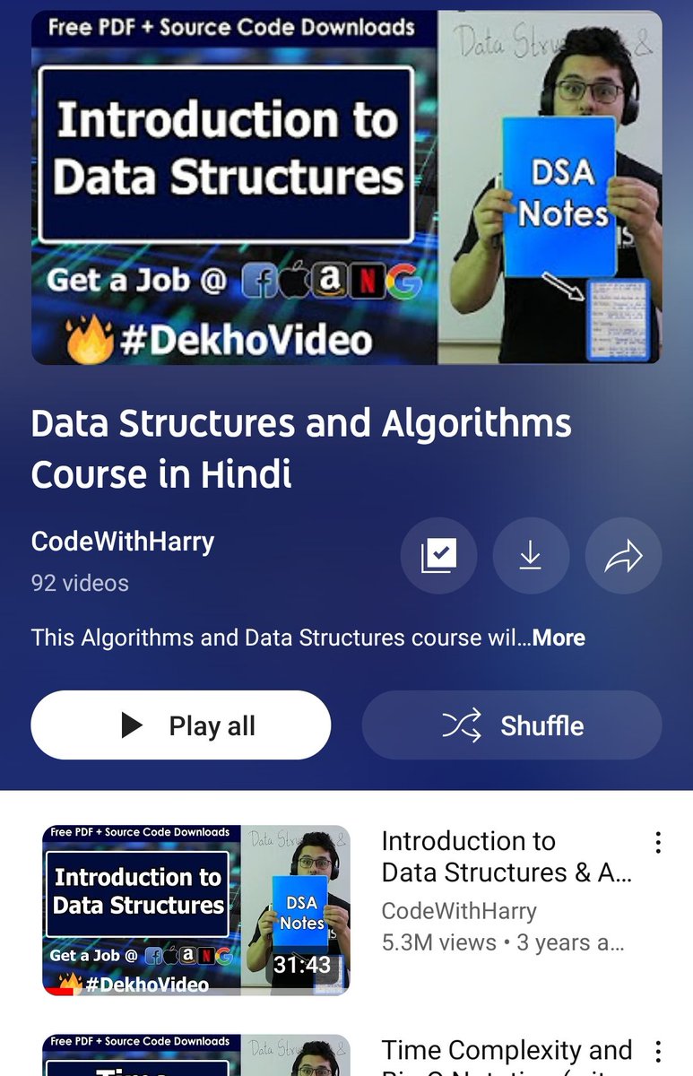 Today I start to watch DSA playlist
And understanding the basic concepts
<a href="/CodeWithHarry1/">Code With Harry</a>  explain from basic level.
Thank you ♥️
#DSA
#hustle #webdev