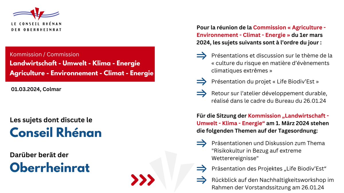 📢 Heute tagt die Kommission unter dem Vorsitz von Daniel Adrian, Ratsmitglied der Collectivité européenne d'Alsace, in Colmar. Mehr Infos 👇
➖ ➖ ➖
📢 Aujourd'hui, la commission se réunit sous la présidence de Daniel Adrian, Conseiller d'Alsace. Plus d'infos 👇