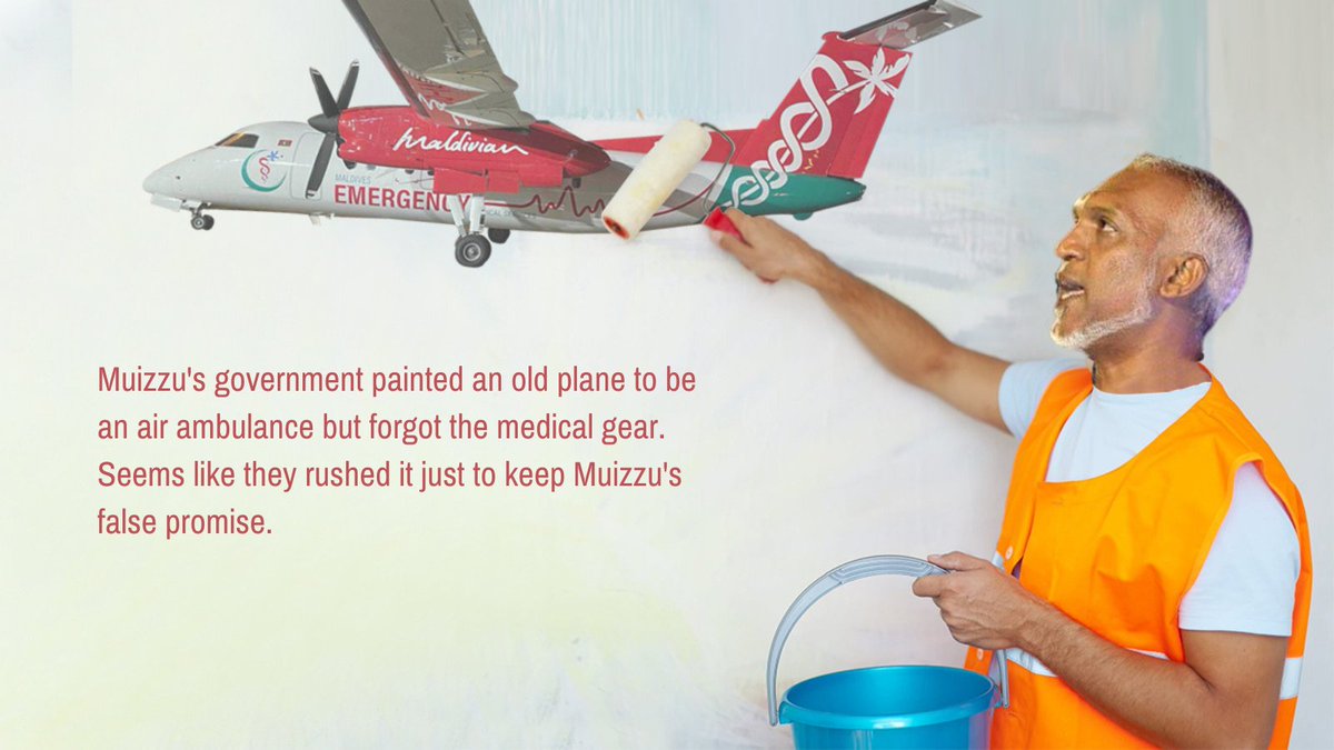 MaldivesVoice4's tweet image. Muizzu&apos;s government painted an old plane to be an air ambulance but forgot the medical gear. Seems like they rushed it just to keep Muizzu&apos;s false promise.
