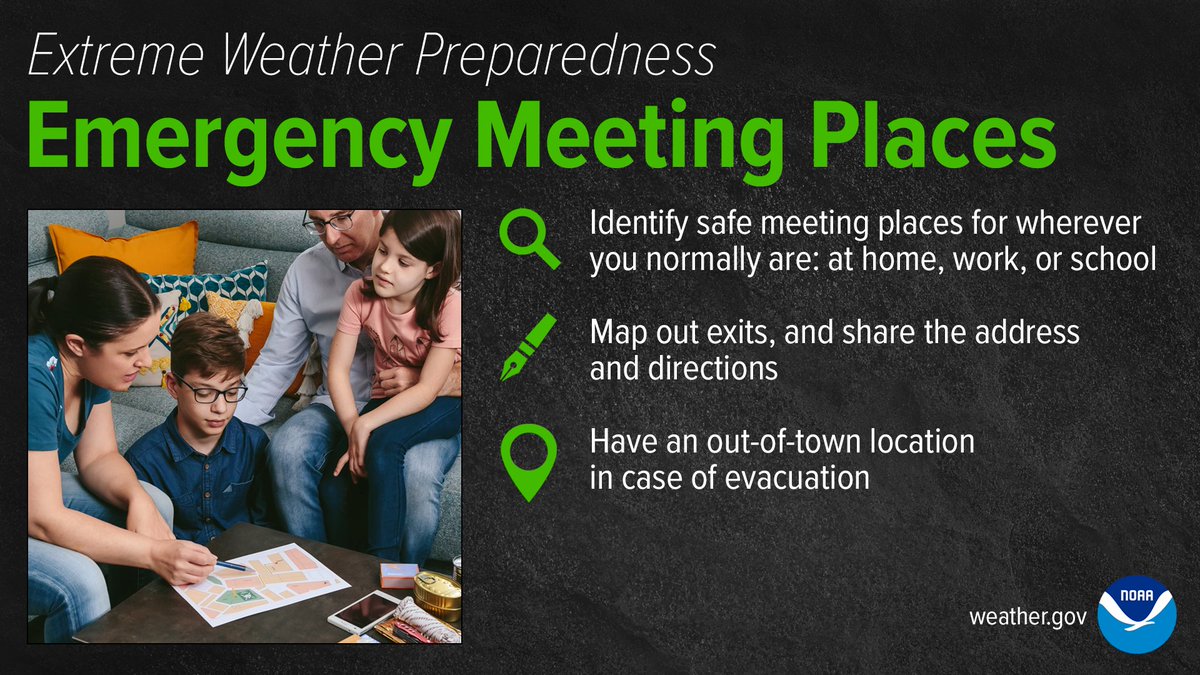 Prepare for extreme weather by having emergency meeting places for you & your people, whether your family members, coworkers, or students. Map out exits, & share the address and directions. In the event of an evacuation, have an out-of-location determined in advance. #mowx #ilwx
