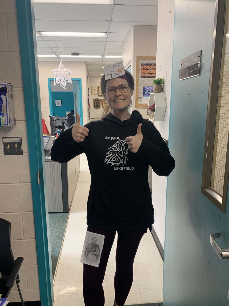StPaul_LKFD's tweet image. Our Spirit week has been epic!  So much fun for students and staff alike!  Here is Mrs. Mantifel showing off her St. Paul Spirit Day outfit!  Please note she even has a picture of Saint Paul that was taped to her leg all day!  #Gowolvesgo! #StPaulPride!