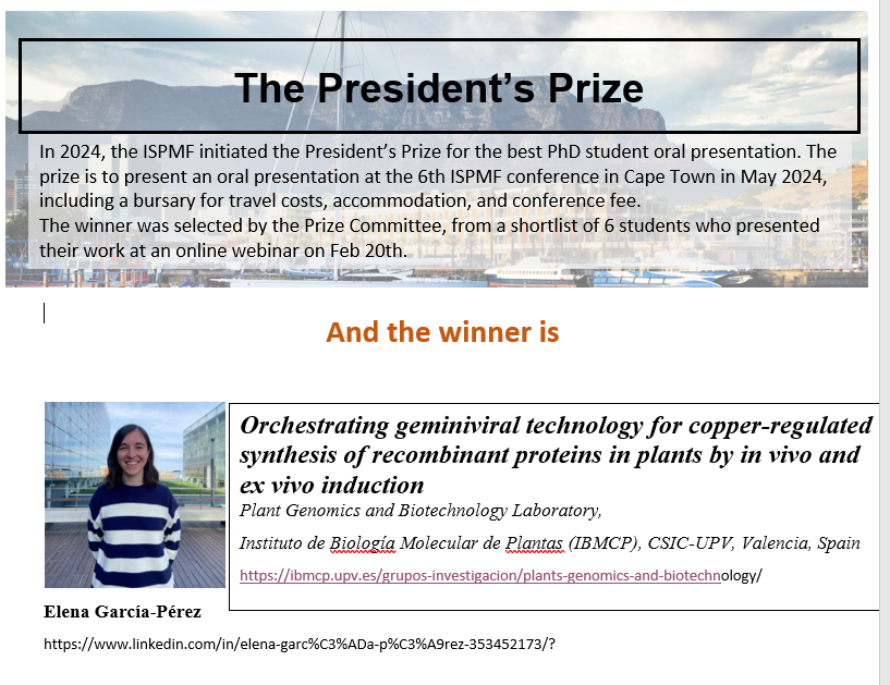 International Society for Plant Molecular Farming (@ispmf) on Twitter photo Congratulations to Elena García-Pérez from <a href="/IBMCP/">IBMCP - Instituto de Biología Molecular y Celular</a>, the recipient of the ISPMF President's Prize including a presentation slot, conference registration, travel and accomodation at the upcoming ISPMF conference in Cape Town!
Info and registration here: ispmf.org/events Congratulations to Elena García-Pérez from <a href="/IBMCP/">IBMCP - Instituto de Biología Molecular y Celular</a>, the recipient of the ISPMF President's Prize including a presentation slot, conference registration, travel and accomodation at the upcoming ISPMF conference in Cape Town!
Info and registration here: ispmf.org/events