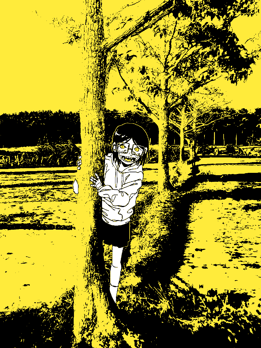 1girl yellow theme solo tree hoodie yellow eyes hood  illustration images